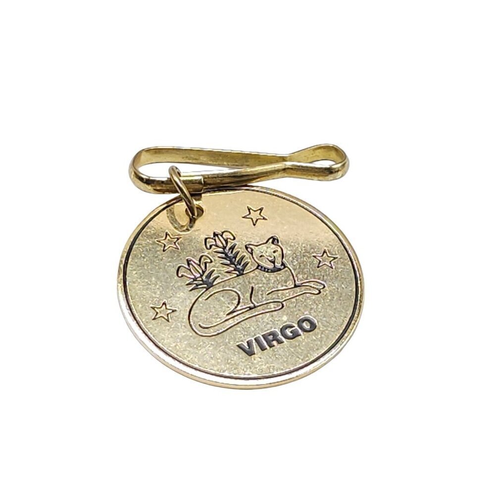 Virgo Engraved Sitting Leopard Stars Flowers Round Pendant Gold Tone Vintage